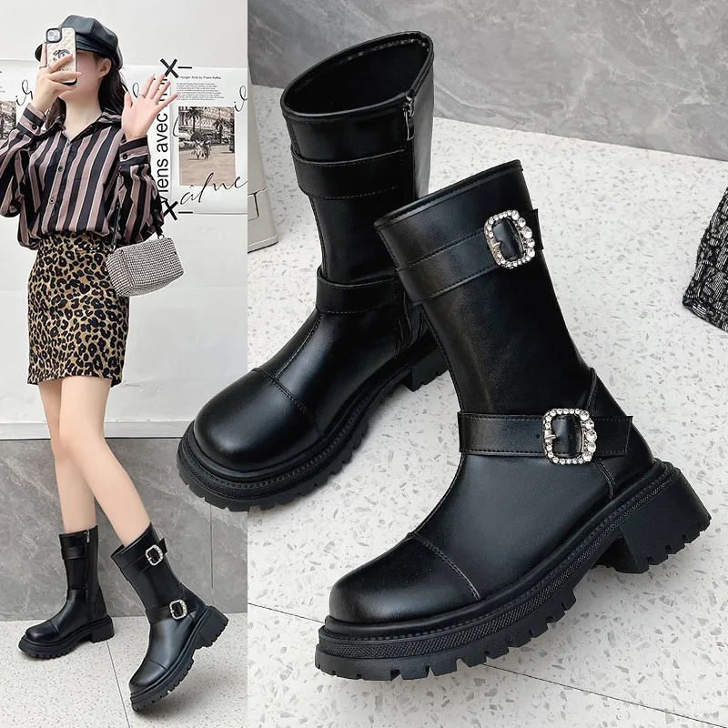 

Soft Leather Short Boots with Fleece Lining Thick-Soled Short Boots for Petite Women with Hidden Wedge British Style Boots