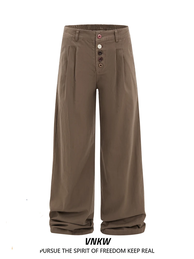 

American Retro Brown Casual Loose Men's Wide Leg Pants Straight Cut Floor Length Trousers Couple's Faion Brand Cotton