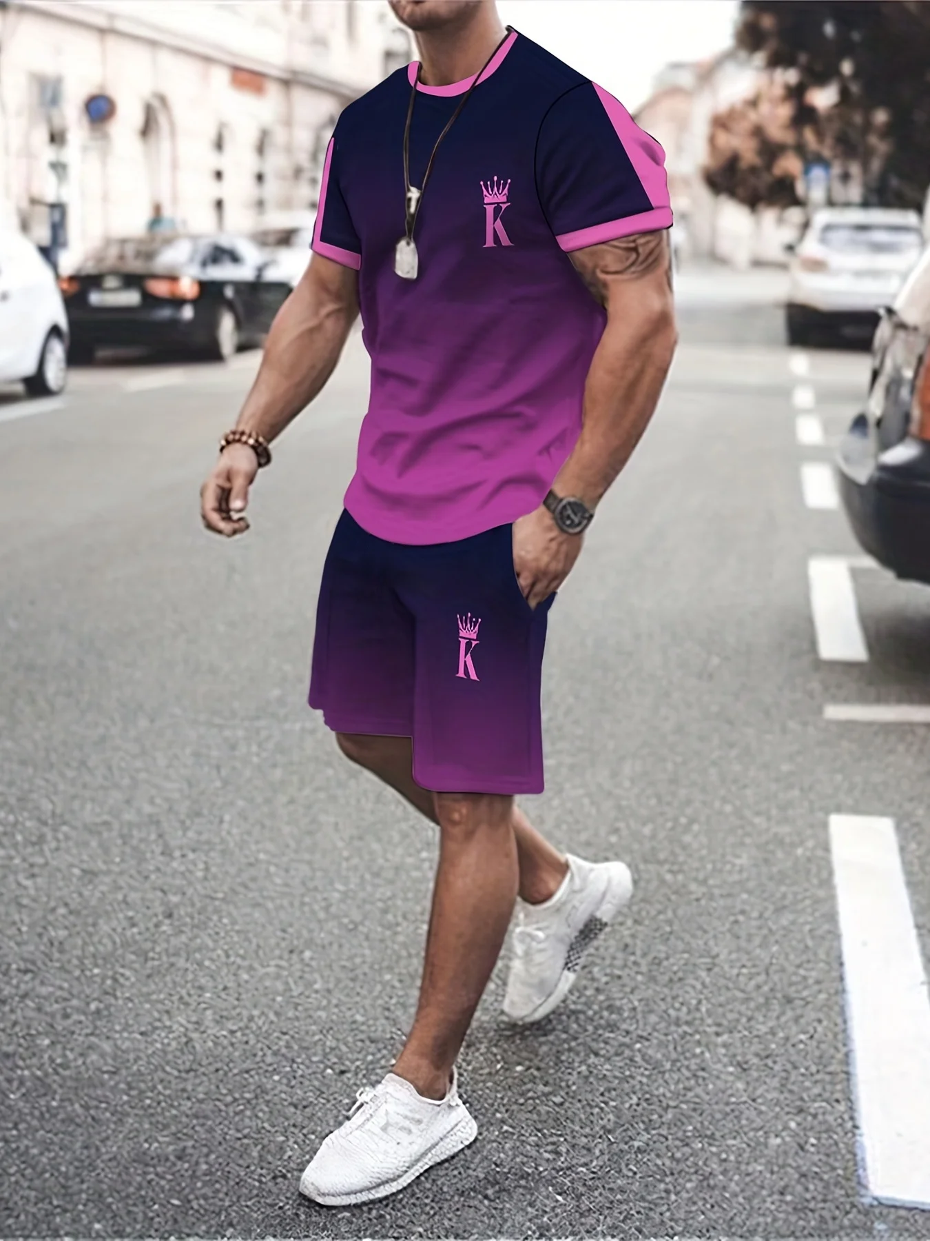 Men\'s sportswear two-piece set of round neck short sleeved shorts set 3D playing card splicing men\'s running and leisure set