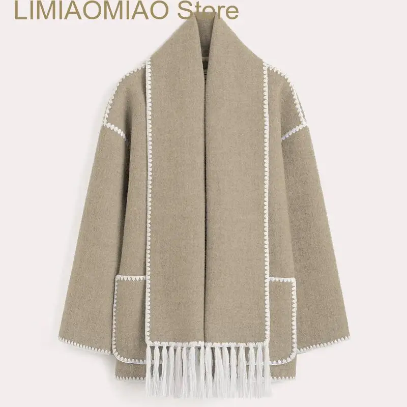 

New Elegant Loose Women's Coat With Scarf Fashion Long Sleeve Pocket Single Breasted Female Coats Autumn Winter Lady Jacket