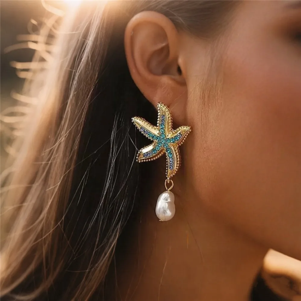 Temperamento de moda barroco imitación perla borlas océano azul diamantes de imitación estrella de mar pendientes para mujer joyería de vacaciones en la playa