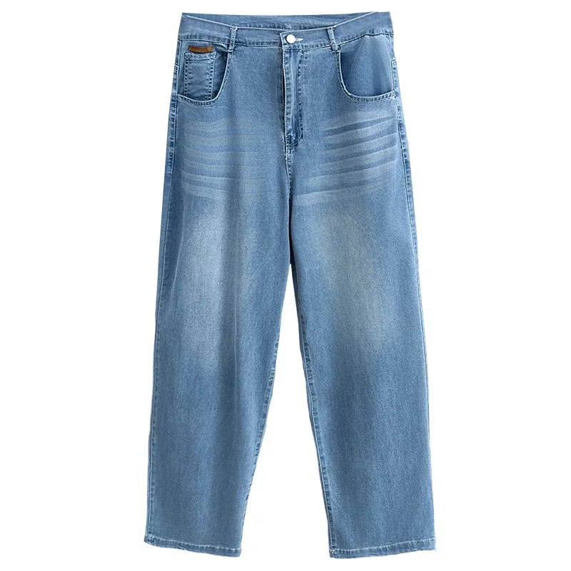 

2025 Plus Size Women's Wide Leg Jeans Summer New Simple Thin Embroidered Lyocell Denim Straight Pants Fashion Trousers 8308