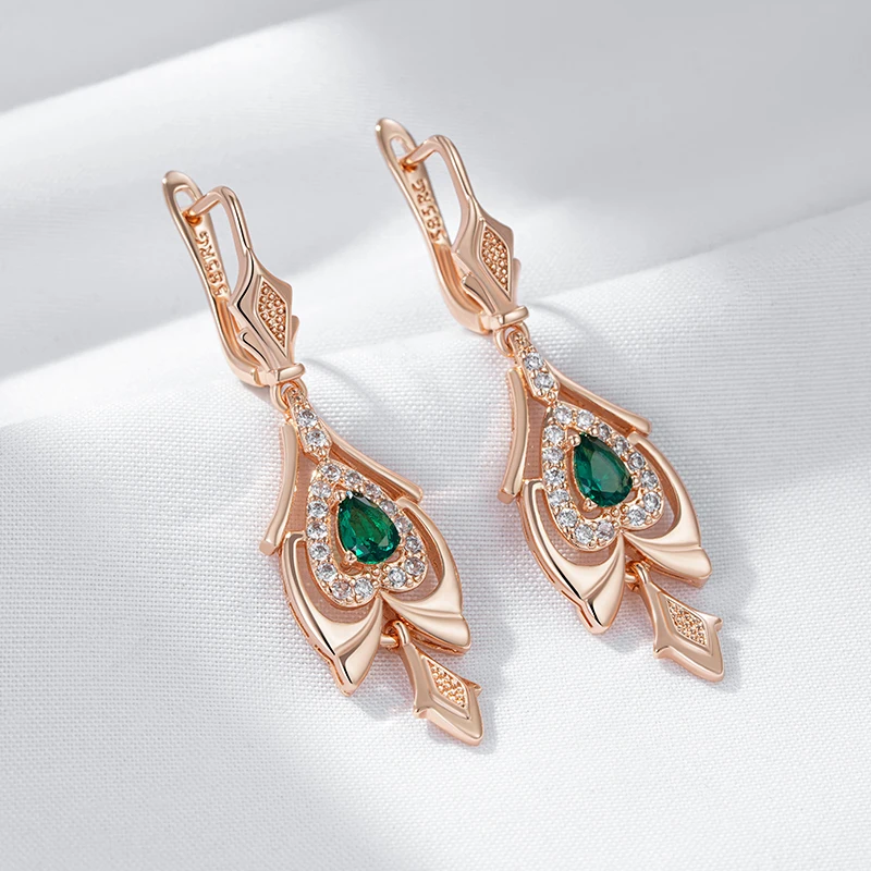 Kinel Hot 585 Rose Gold Color Fine Drop Earrings for Women Crystal Flower Green Natural Zircon Accessories Daily Vintage Jewelry