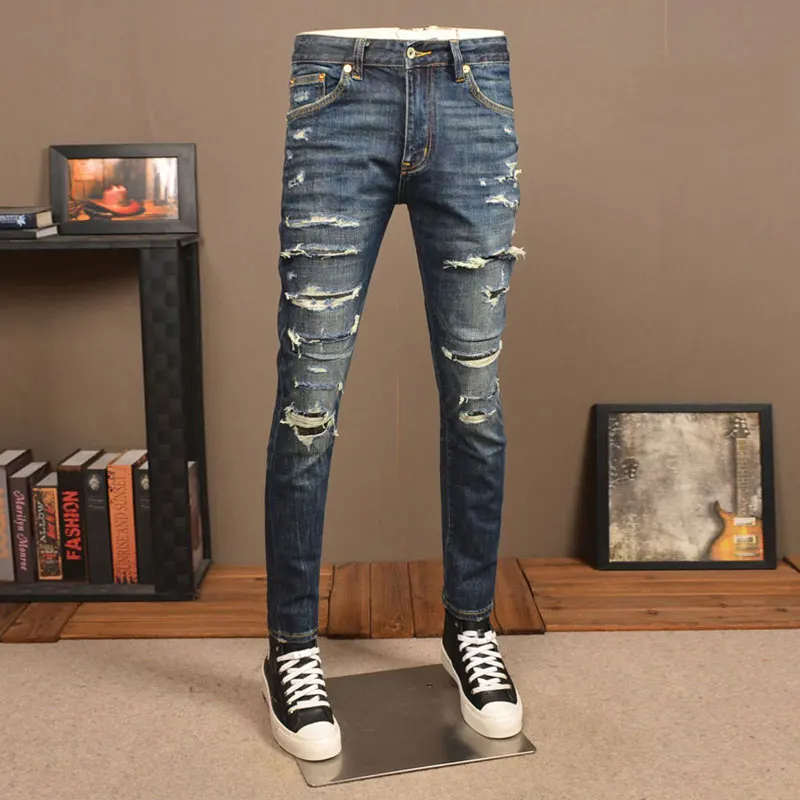 Men Jeans Dark Blue Vintage Washed Multi‑Layer Ripped Denim Pants Stretch Slim Tapered Hip Hop Streetwear Jeans y2k