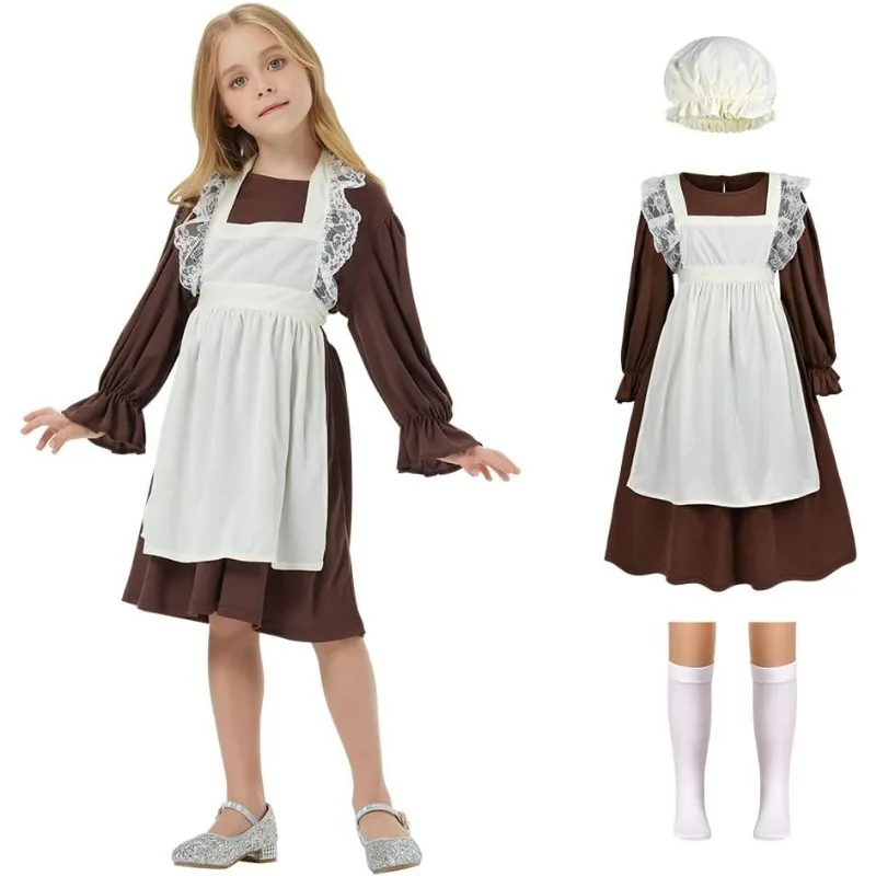 

Adult Kids Maid Cosplay Costume Village Medieval Dress Cap Suit for Victorian Poor Girls Dresses Halloween World Book Day Outfit