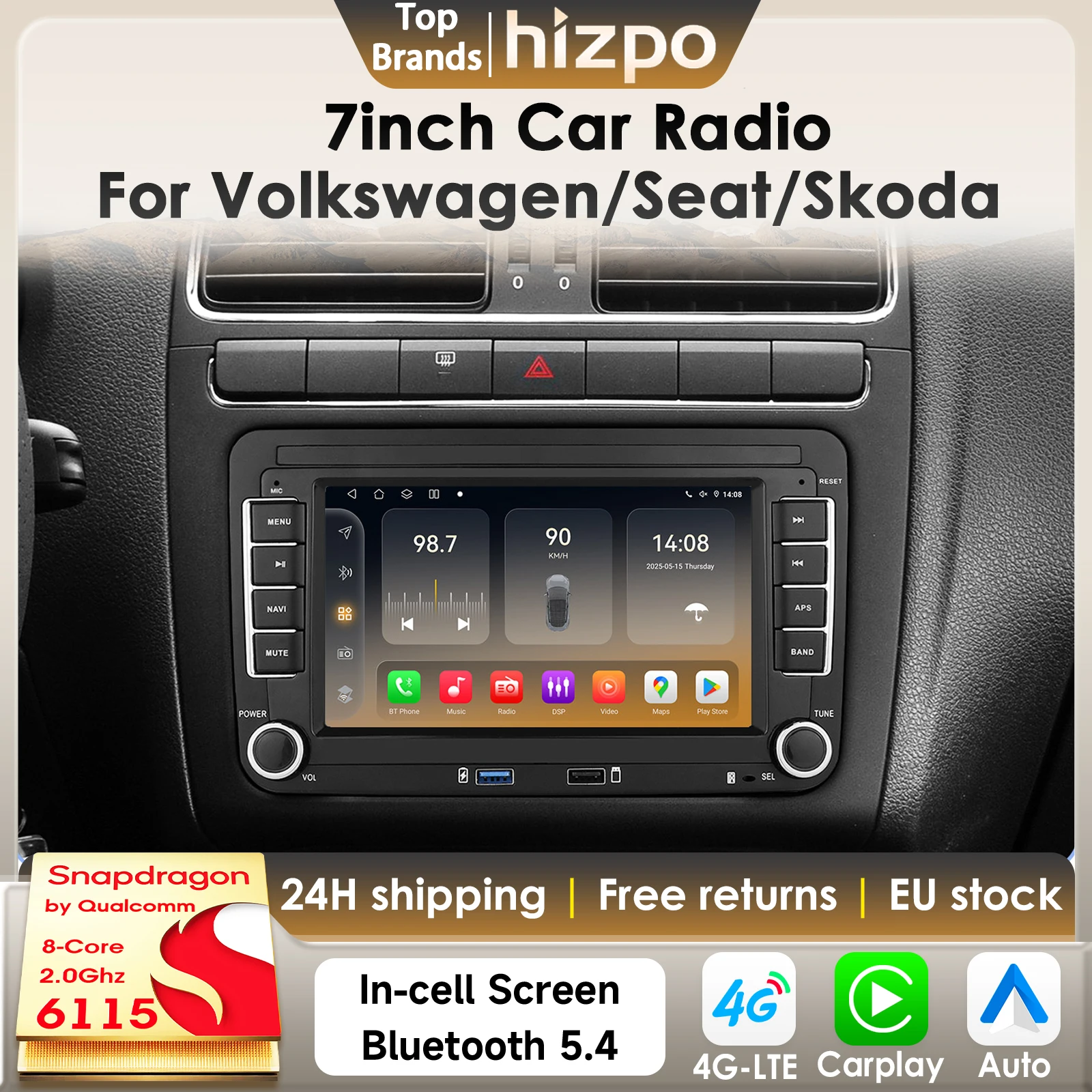 Hizpo 7-Zoll-Carplay-Android-Autoradio für VW POLO GOLF 5 6 Plus PASSAT B6 JETTA TIGUAN TOURAN SHARAN SCIROCCO CADDY Seat Stereo GPS