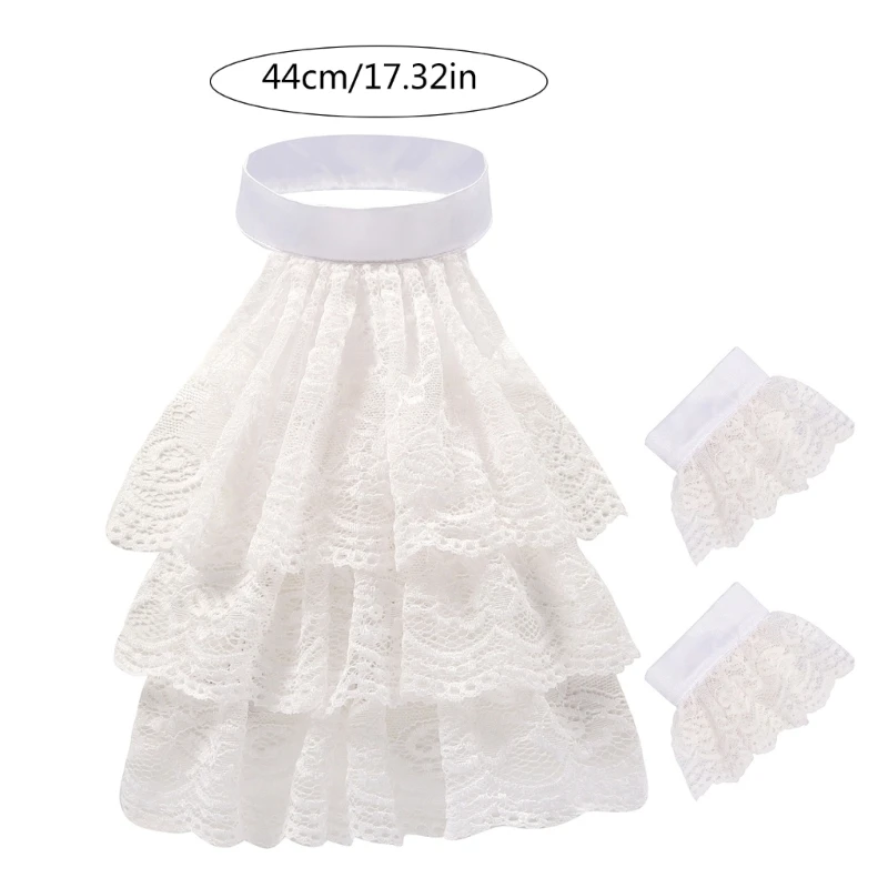 ฮาโลวีนเครื่องแต่งกายปลอม Cuffs และฉัตร Ruffled Lace Colonial Jabot Collar ชุด Victorian Colonial Neckwear สำหรับ Dropship