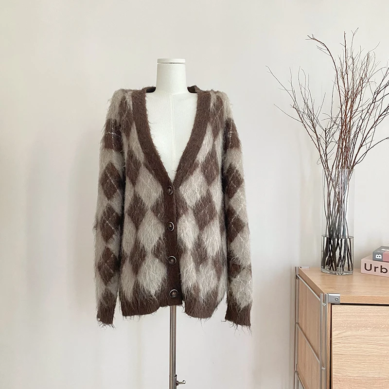 

Vintage Sweater Thick Knitted Contrast Color Cardigan Diamond Check Loose V-neck Y2k Tops Winter New