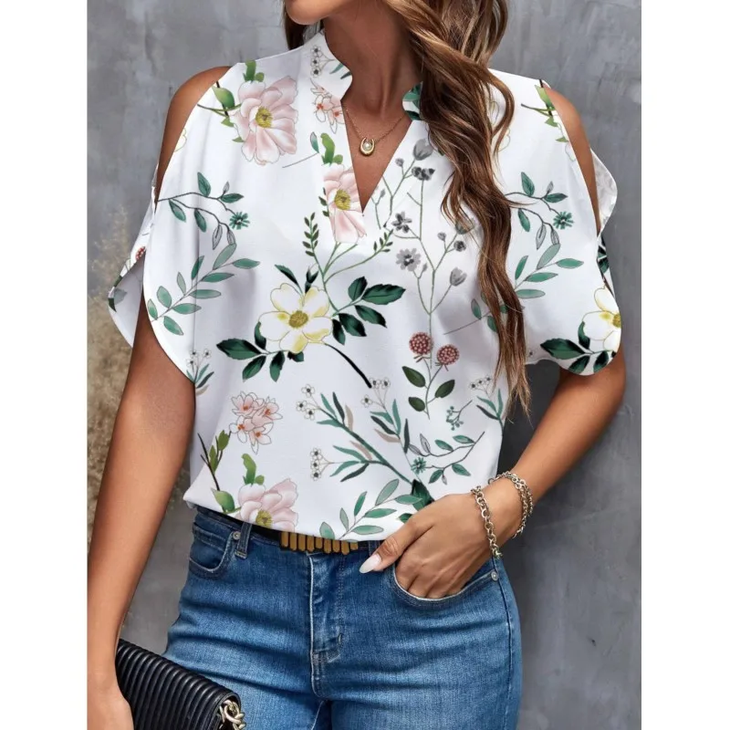 Summer Elegant Women's Blouse New V-neck Short Sleeve Floral Printed Loose Shirt Casual White Tops Office Lady Fashion Blouses