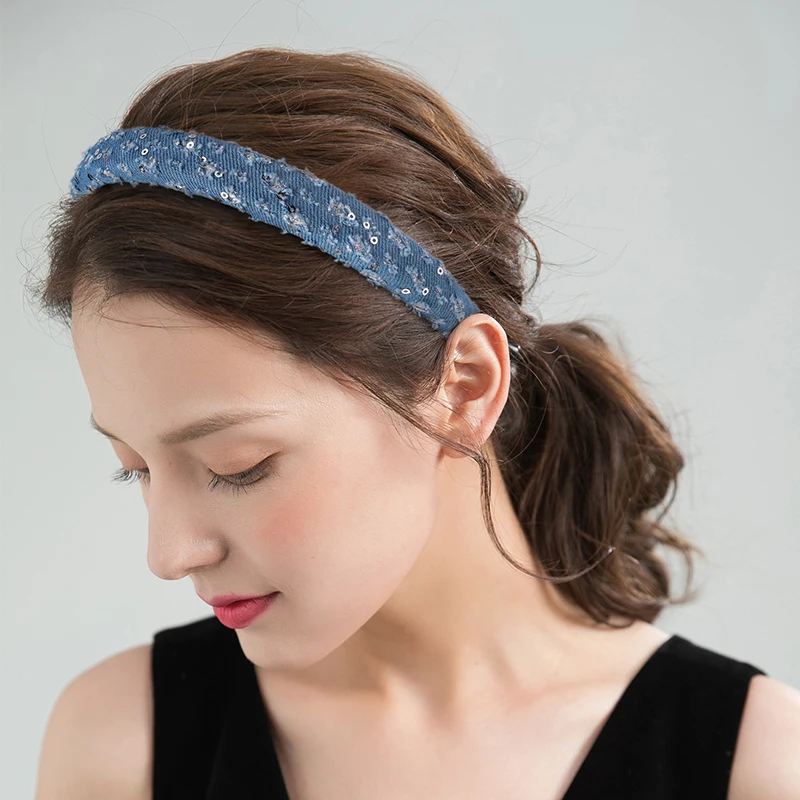 Fashionable Denim Fabric Sponge Headband for Women Retro Distressed Sequined Hairband Simple and Versatile Hair Accessories