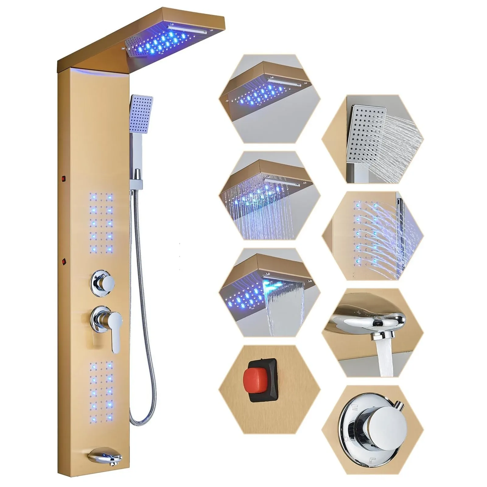 Brushed Gold LED Shower Panel Tower System 5 Mode High Pressure Body Massage Jet