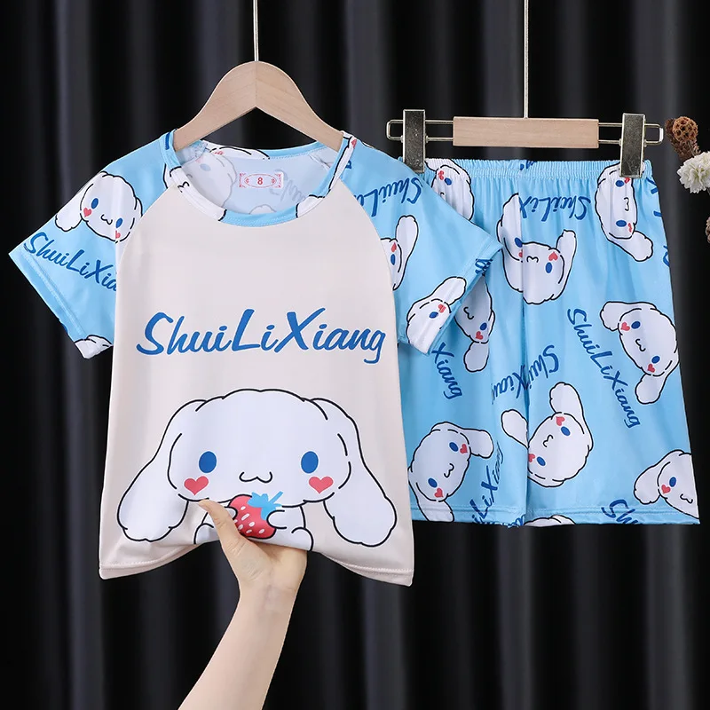 Sanrioed-Pijama de manga corta para niños, ropa de dormir de Hello Kittys, Kuromi Cinnamoroll, pantalones cortos de manga corta, Verano