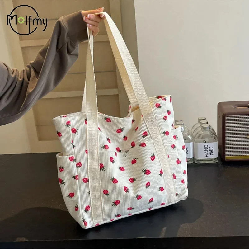 

Stylish Cherry Print Tote Bag for Women Lightweight Corduroy Large Capacity Zipper shoulder bag for Daily Use Commuting Shopping