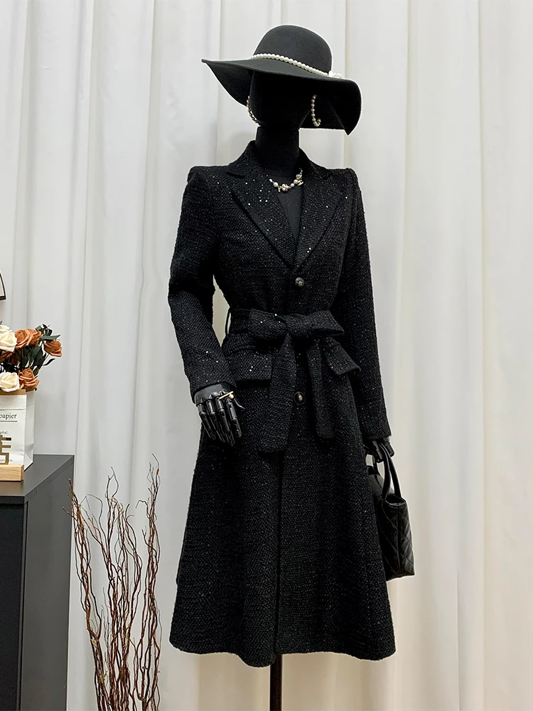 

Pigno Women's Embroidered Heavy Work Sequin Windbreaker Coat Belted Single Button Mid-Length Sve Long Polyester Fiber