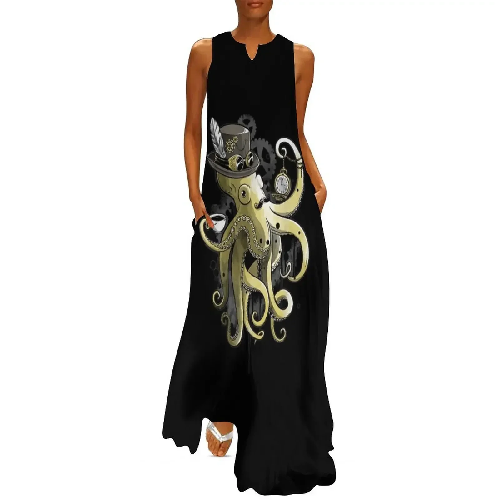 

Octopus Steampunk Coffee Watercolorr Krakenns Long Dress Female dress purple dress women's dresses luxury