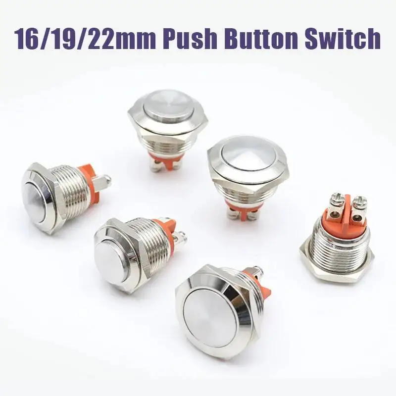 16/19/22Mm Sakelar Tombol Tekan Logam Biasanya Tutup Kontak Perak 1NC Reset Sesaat IP65 Kaki Sekrup Tahan Air