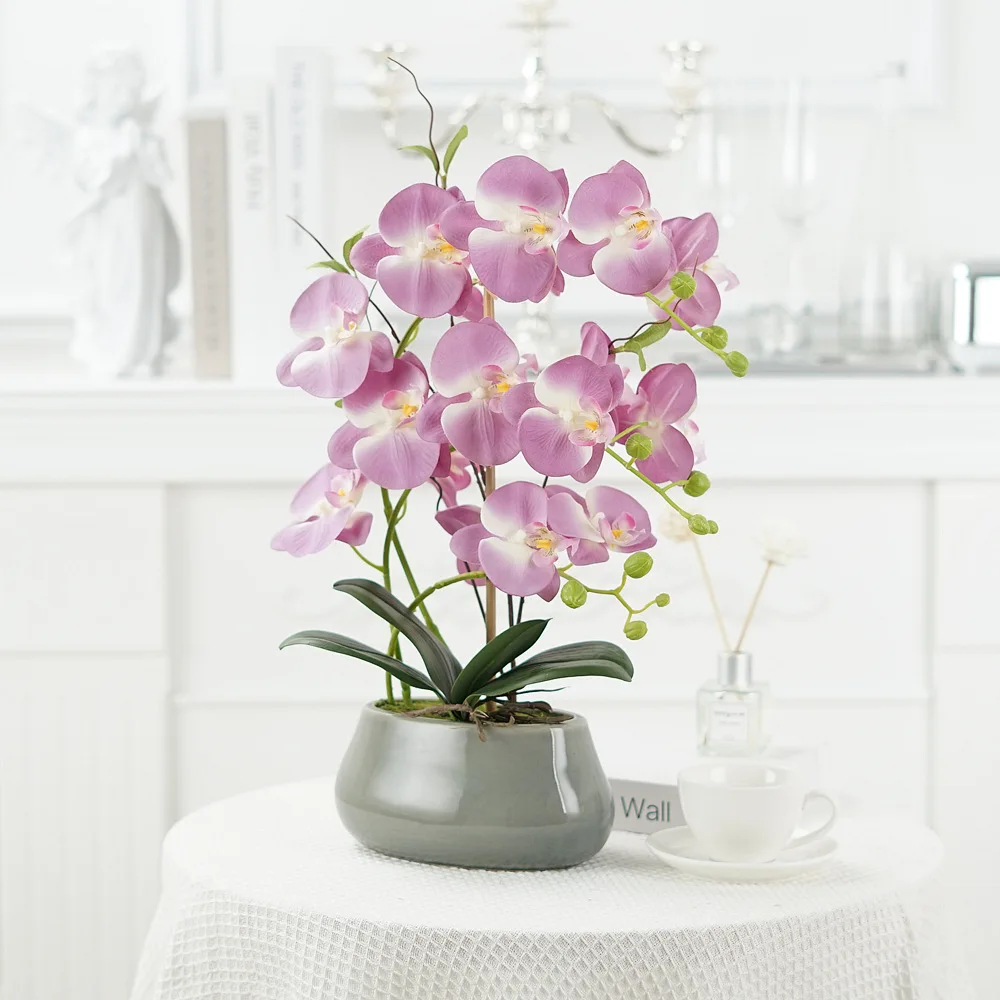 

Faux White Orchid Artificial Flowers Phalaenopsis Plants with Vase for Kitchen Office Desk Table Wedding Party Hotel Decoration