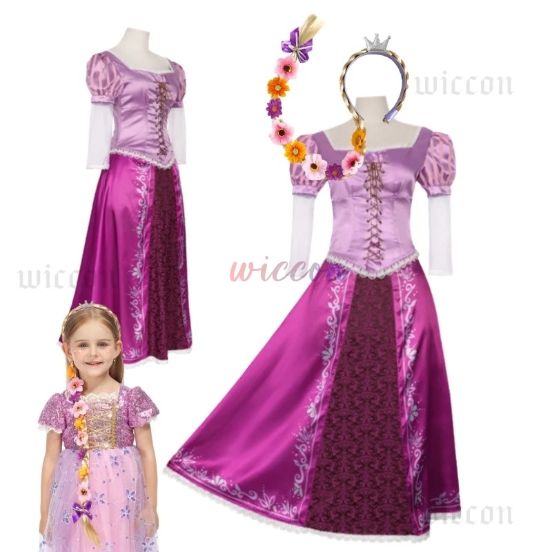 رابونزيل كوسبلاي للأطفال كرنفال أنيمي الضفائر مع الزهور حفلة الهالوين فتاة الزي #1