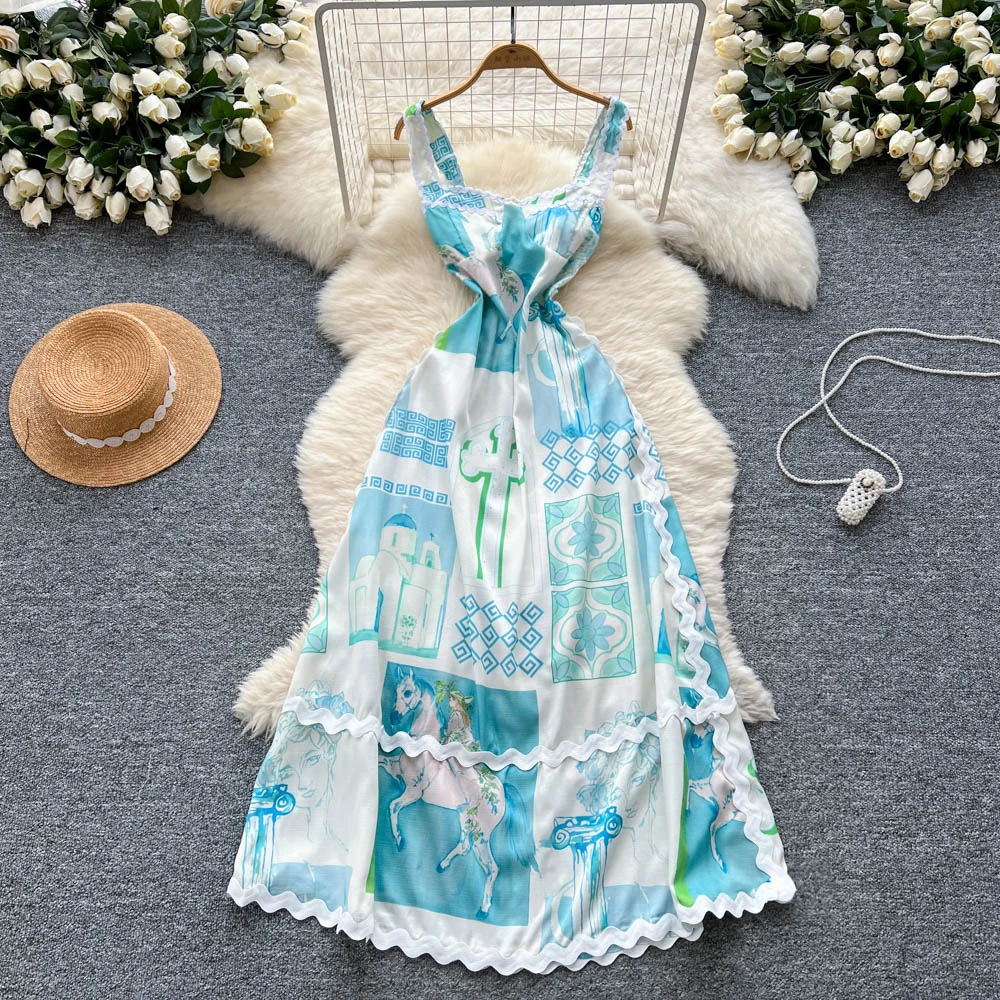 

Elegant Sexy Backless High Waist wave cut print Dress Vacation Vestidos Slim Women Party Dress