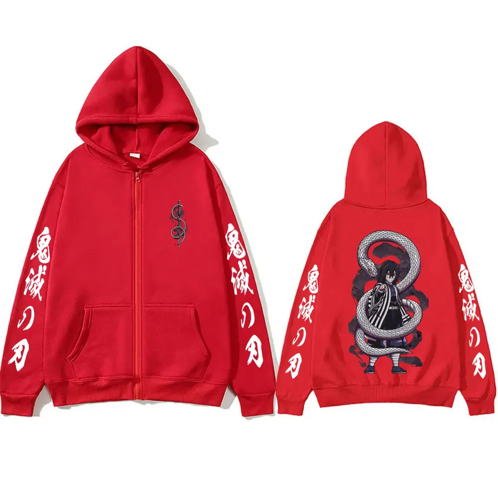 Anime Demon Slayer Serpent Hashira Iguro Obanai Graphic Print Zipper Hoodie Men Women Fashion Oversized Zip Up Jacket Sweatshirt