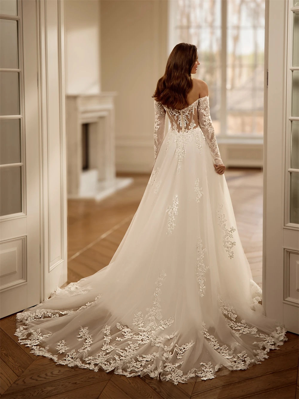 

Customized Boho White Organza Wedding Dress Formal Sweetheart Long Sleeves Bridal Gowns Soft A-Line Court Train Vestido De Novia