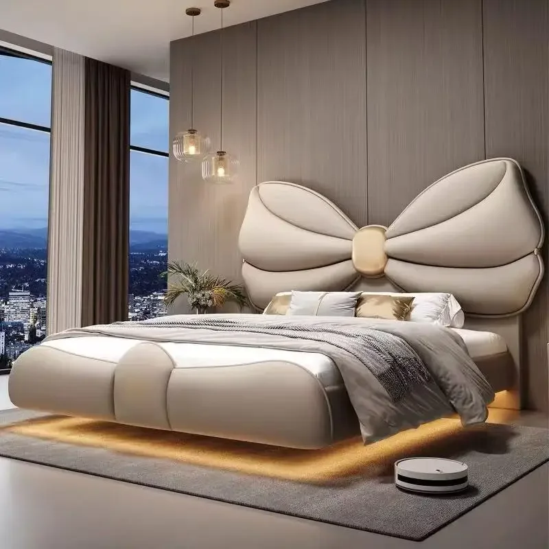 Luxury floating bed with lamp Modern frame Queen bed Headboard Twin wooden bed 2 people Bedroom furniture