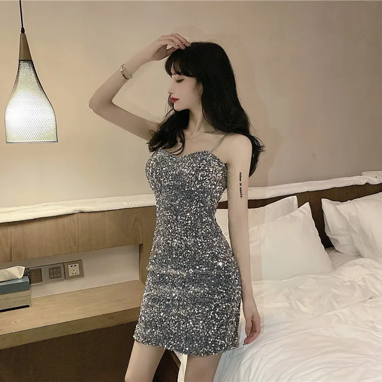 Korea Sequins Dresses Women Sexy Vintage Tunic Elegant Ladies Spaghetti Straps Fashion Solid Mini Night Party Slim Vestido