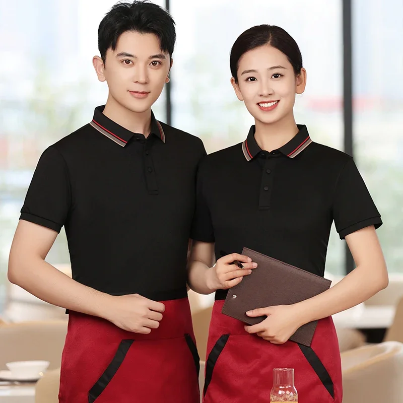 Personalized Uniform for Waiter Men Women Food Service Restaurant Hotel Bar Work Polo Shirt Summer Cotton Lapel Short Shirt Logo