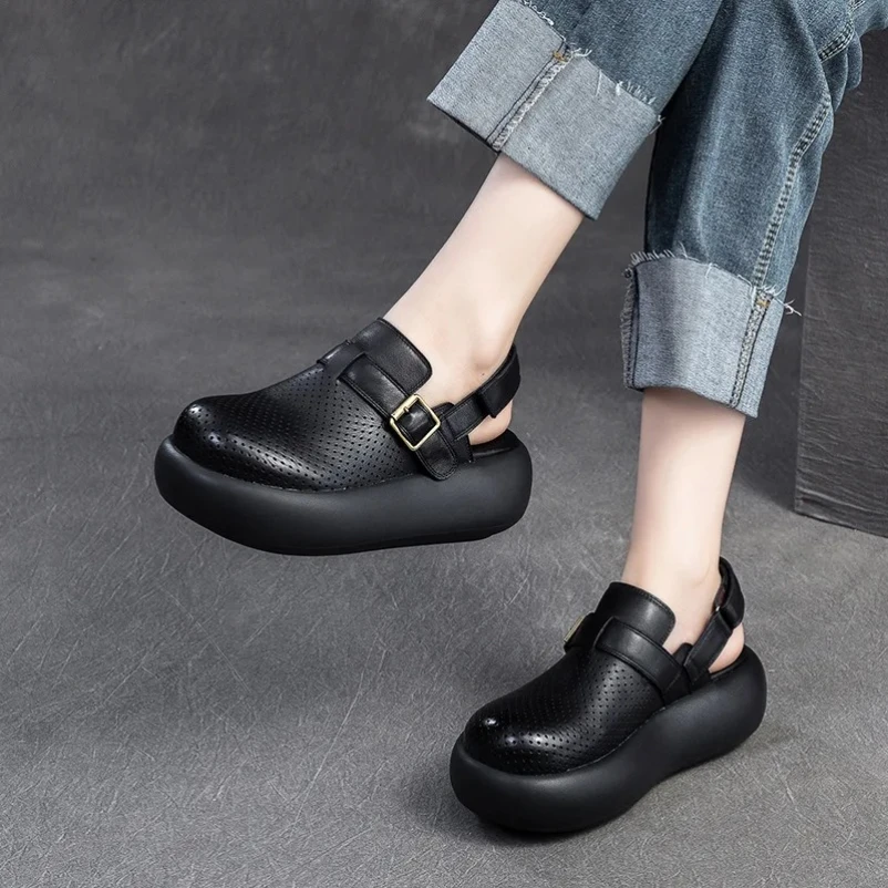 

2025 5,5 см летние ботильоны из натуральной кожи с крючками, круглые летние сандалии, модная женская обувь на танкетке на полой платформе