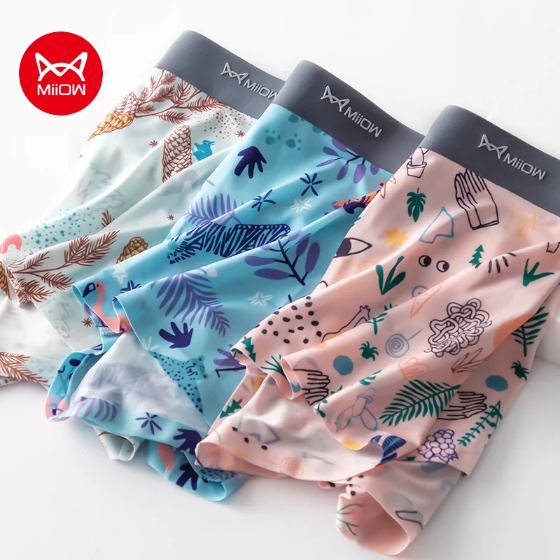 

MiiOW, 3 шт., шелковистые мужские трусы, антибактериальные сетчатые мужские боксеры с промежностью, мужские трусы с принтом, мужское нижнее белье, боксеры