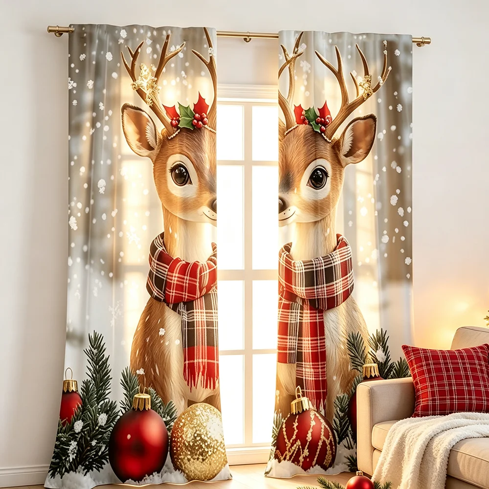 Cute Reindeer Plaid Scarf Holly Curtains, Rod Pocket, Polyester, Home Decor, Bedroom Living Room, Adorable Home Decor, Polyester