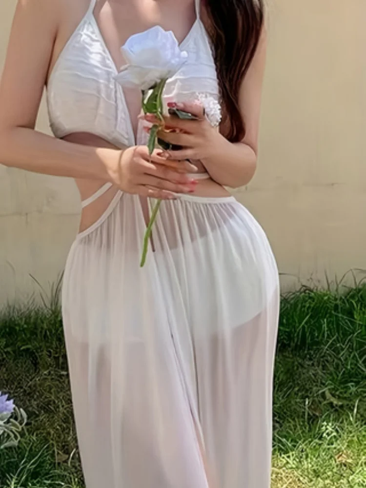 

Bikini Women Swimsuit 2026 New White Halter Bikinis Set Sexy High Waist Swimwear Summer Mesh Skirt Beachwear Bathing Suit Female