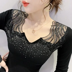 New Autumn Hand Made Diamonds T-Shirt Women Mesh Transparent Embroidery Drilling Shiny Slim Tops Tees Long Sleeve Casual 9924