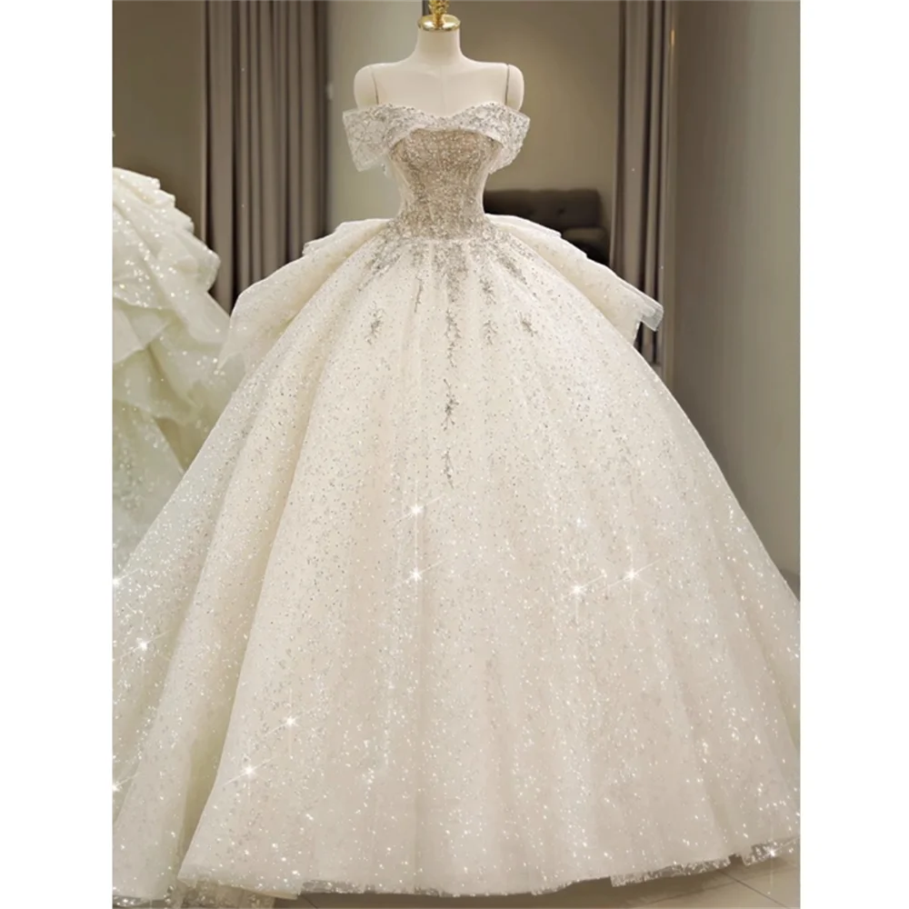 Luxury Strapless Pearls Wedding Dresses Women Exquisite Sequined Beading Customized Bridal Gowns Formal Party Vestidos  004