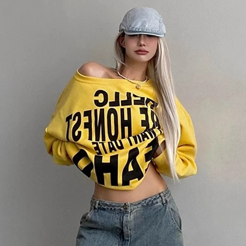 Fashion Yellow Off-shoulder Long Sleeve Letter Print Loose Sweatshirt For Women