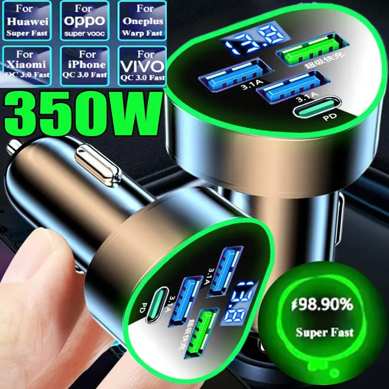

Автомобильное зарядное устройство для телефона 350 Вт, USB Type C, сверхбыстрая зарядка в автомобиле со светодиодным монитором напряжения для IPhone Samsung Huawei Oneplus Vivo Oppo