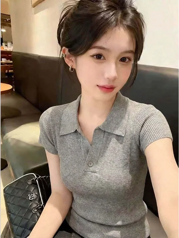 Slim Fit Grey Short Sleeve Knitted Shirt Casual Style Commute Versatile Top Button Placket Splice Design Breathable Skin-Frie...