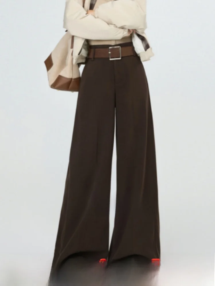 ارتفاع الخصر واسعة الساق Fce اصطف الدنيم السراويل النسائية ثنى البضائع السراويل القهوة اللون تخفيف Sle الكورية Faion