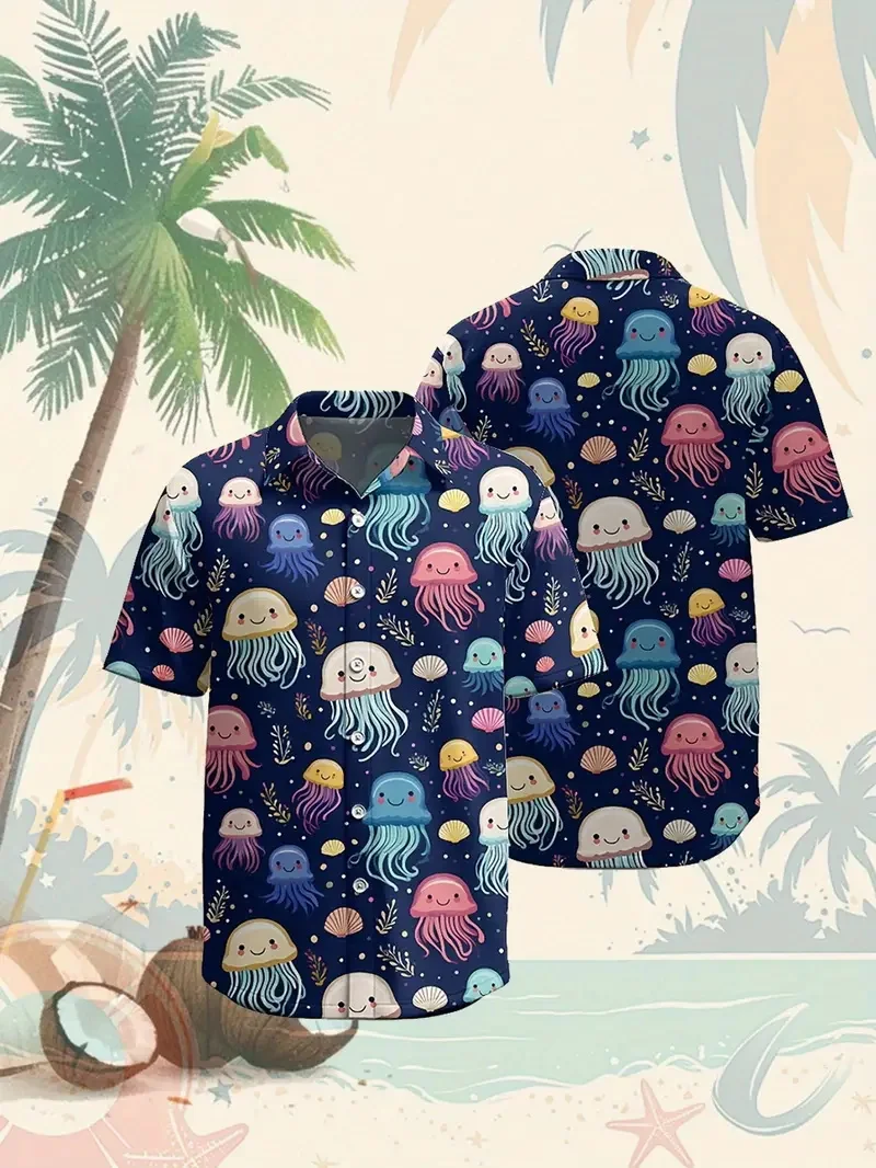 Men's Casual Hawaiian Shirt Vibrant Geometric Jellyfish & Coral Reef Design Button Vacation Surfing Shirts Men's Beach Shirt view 5