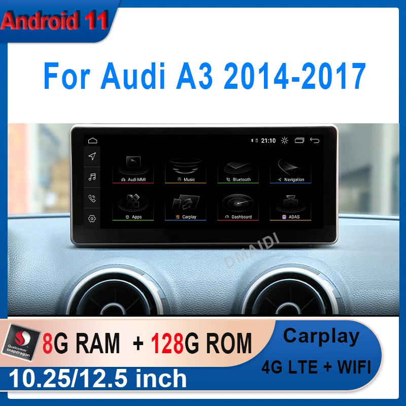 

10.25"/12.5" Qualcomm Android 11 8+128G Car Multimedia Player GPS Navigation For Audi A3 2014-2017 CarPlay Video Stereo Screen