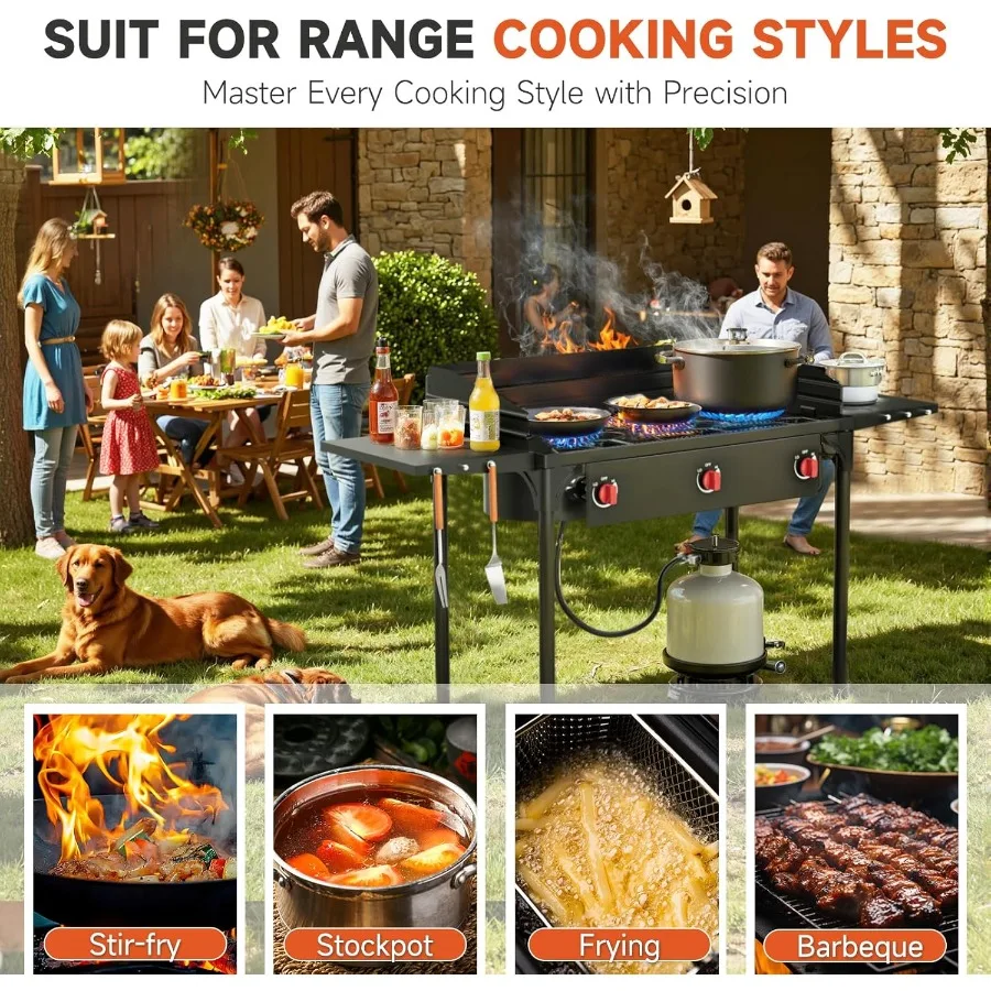 Brûleur de Propane à 3 brûleurs, 225 000 BTU, poêle à Propane haute pression avec pare-brise et étagères latérales pour la cuisine en plein air, Camping Ba