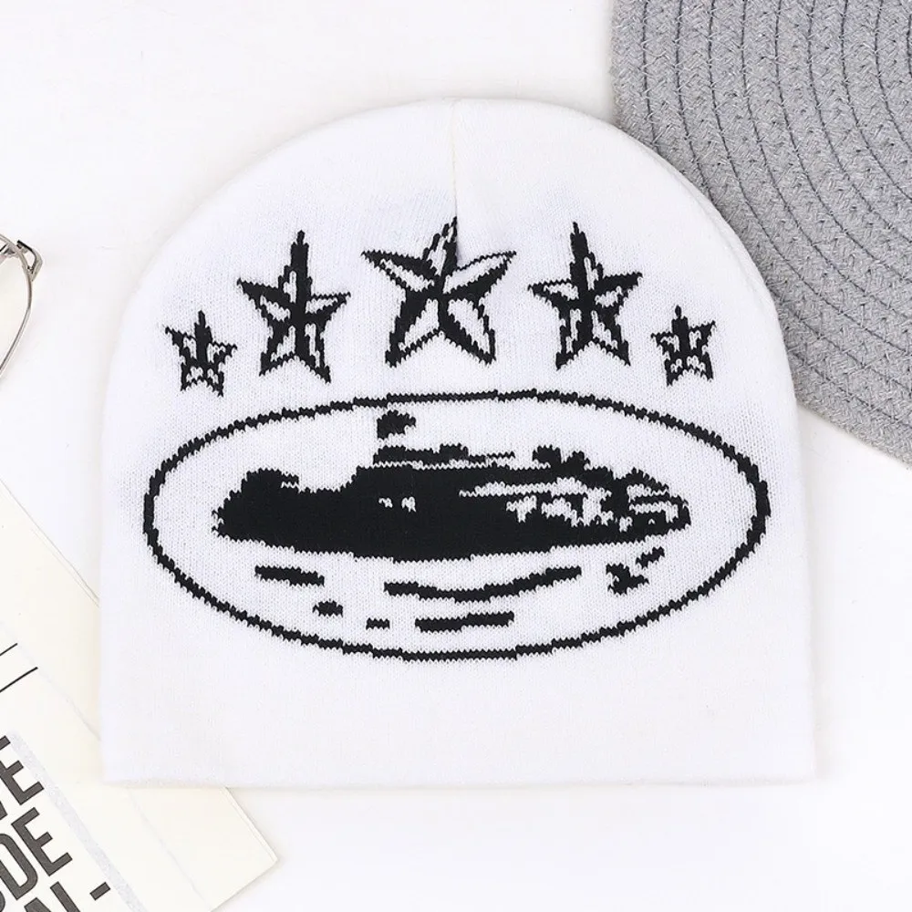 Warm Knitted Knit Beanie Hat Stretchy Windproof Street Hat Soft Star Jacquard Pattern Winter Hat For Men Women