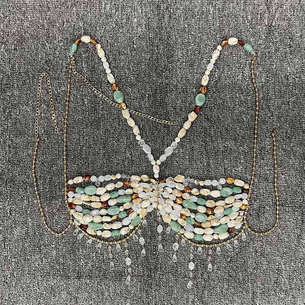 Sexy Women Irregular Shape Acrylic Beaded Suspender Hollow Tassel Luwen Short Top Beach Island Travel Pearl Body