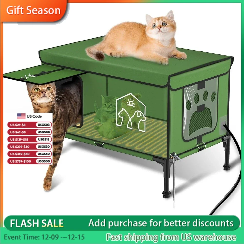 Green Elevated Heated Cat House Outdoor in Winter,Waterproof, Fully Insulated,Weatherproof Cat Beds for Feral Cat Shelter