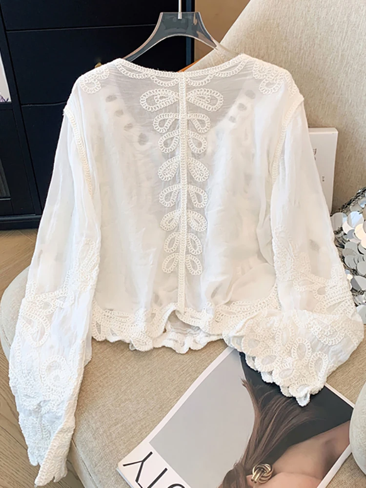 Ele Long Sve مطرز بالدانتيل irt المرأة فضفاضة عادية Sle ربيع الخريف جديد الحلو Sle تنفس البوليستر irt