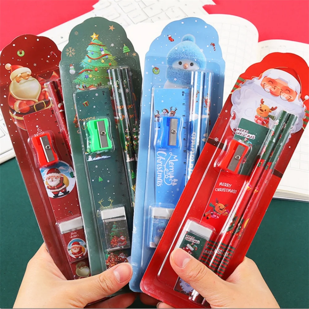 5pcs Christmas Stationery Set Ruler Pencil Eraser Sharpener Set Cartoon Gift For Christmas New Year 2024 Back To School Supplies