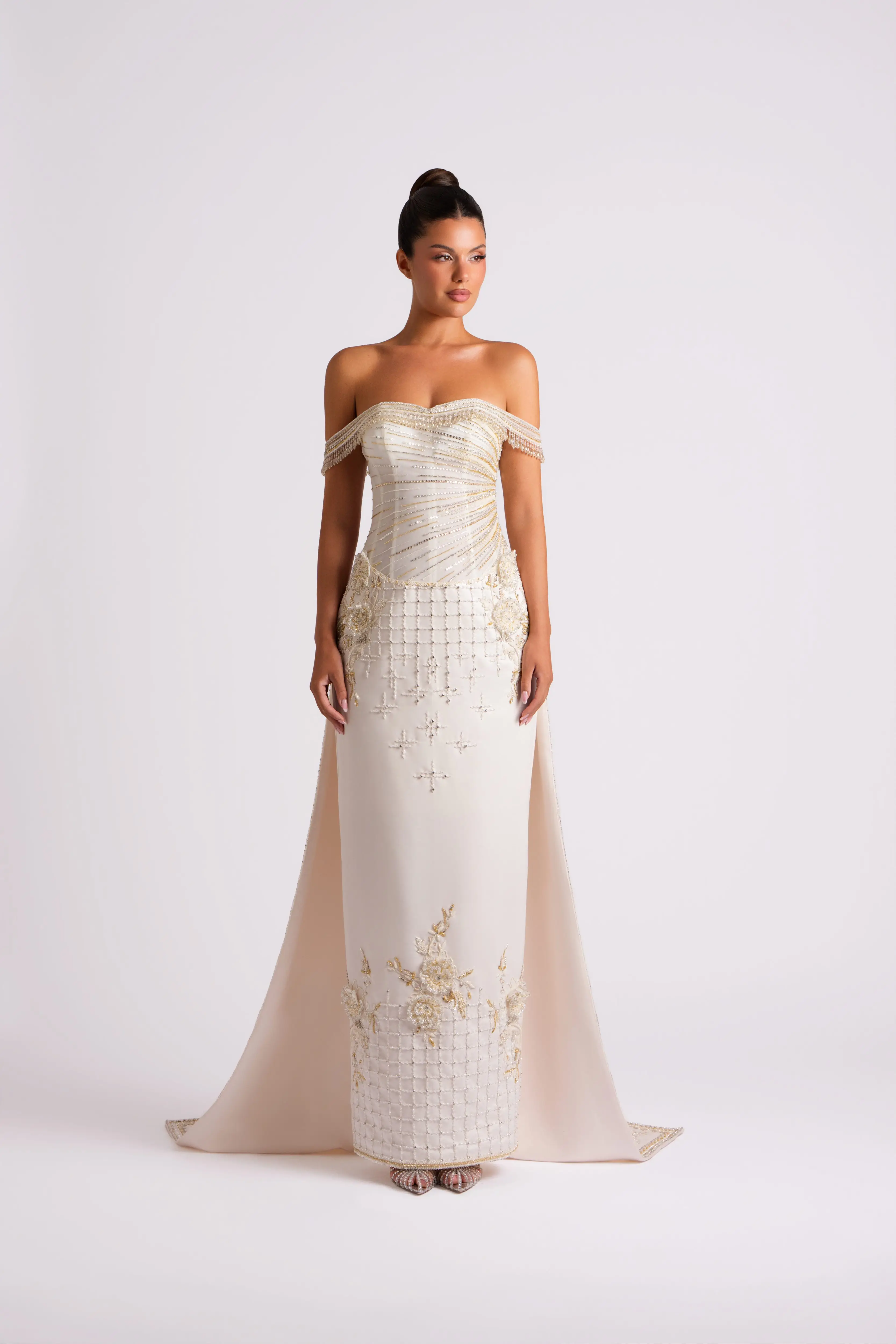 LumiGown 2026 Off Shoulder Champagne Wedding Gown Hand Gold Beaded Floral Embroidery Lace Up Back Mermaid Bridal Dress Trains