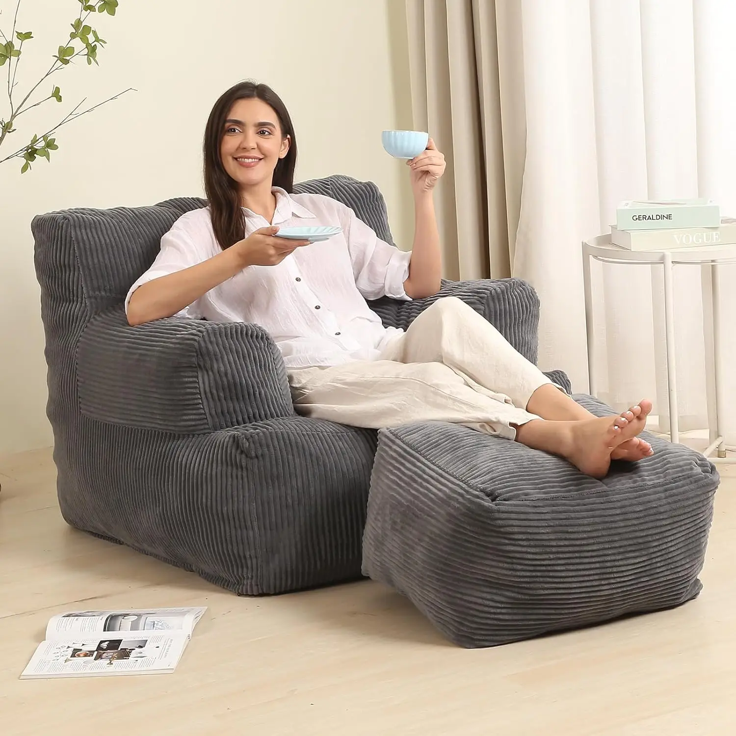 Großer Sitzsack mit Fußhocker, bequemer Lounge-Sessel für Erwachsene und Jugendliche, dunkelgrauer Lesesitz für das Schlafzimmer