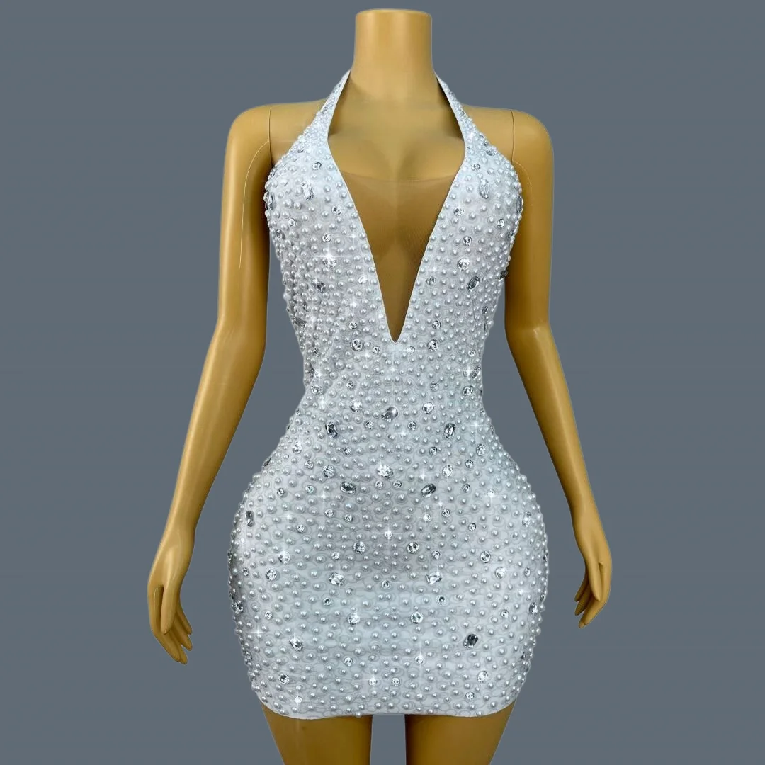 

Sparkly Rhinestone Pearl White Halter Mini Dress Women Deep V-Neck Backless Bodycon Formal Celebrate Prom Party Wear Baisizhu