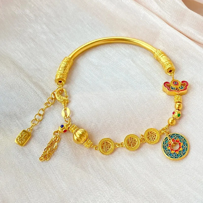 9999 24K Real Gold Treasure Flower Half Bracelet Bracelet Enamel Burning Blue Bracelet Accessories Retro Brand Pumpkin Jewelry